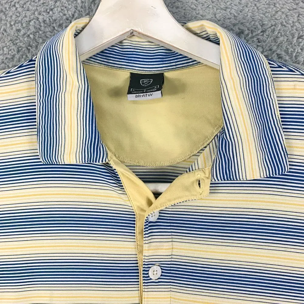 Nike Golf Polo Shirt Mens Large Yellow Blue Dri Fit UV Golfer Rugby Outdoor Camp
